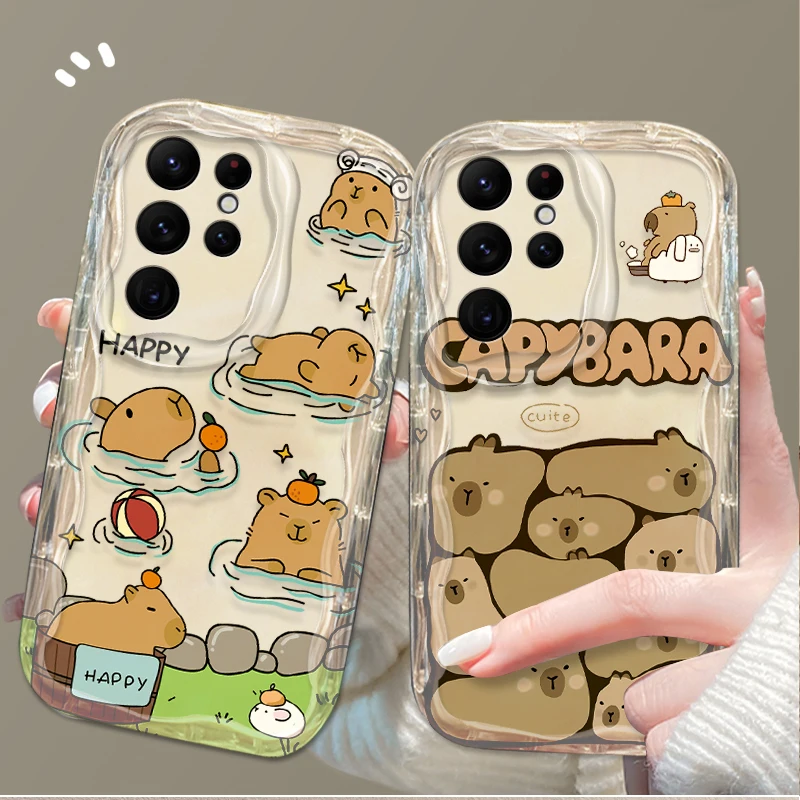 Cartoon Capybara Clear Wave Case For Samsung Galaxy S24 Ultra S23 S22 Plus S21 S20 FE A25 A55 A35 A15 A16 A05 A05S A06 Back Etui