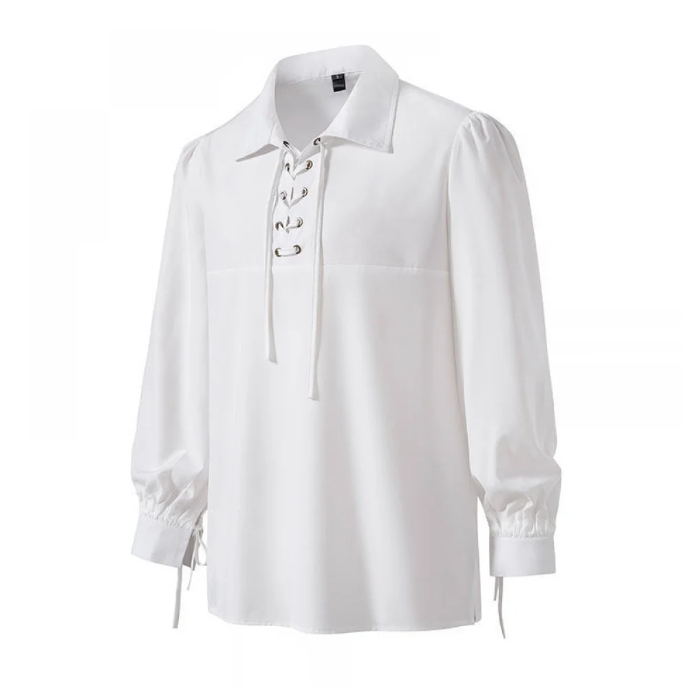Camisa Vintage para hombre, jersey de manga larga de Color sólido para hombre, camisa con cordones y solapa, camisa de Cosplay Medieval renacentista para hombres adultos