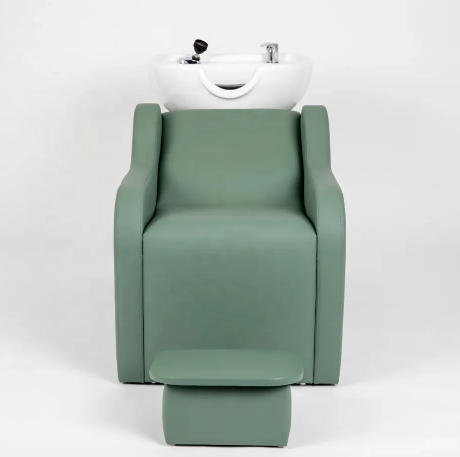 Green Salon Shampoo Chair with Foot Stand Ceramic Shampoo Bowls Sink and Chairs Hair Salon Wash Chairs for Barber Shop