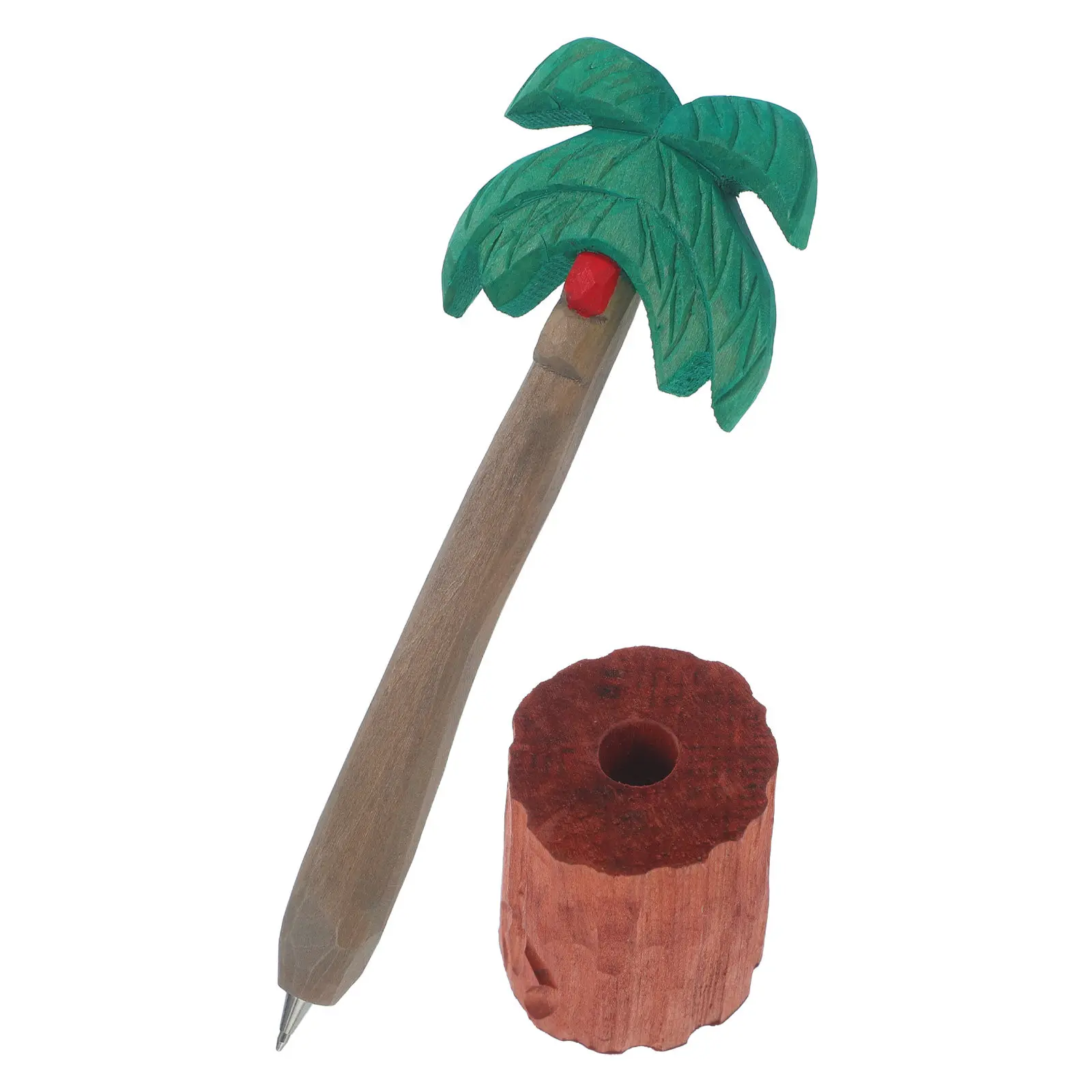 Carved Wooden Ballpoint Pen with Coconut Tree Design – Sustainable Handmade Tropical Desk Decor & Gift
