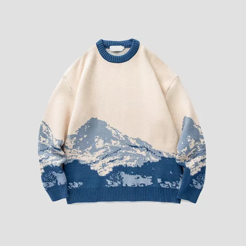 

Men Hip Hop Streetwear Harajuku Sweater Vintage Japanese Style Snow Mountain Knitted Sweater Winter Casual Pullover Knitwear