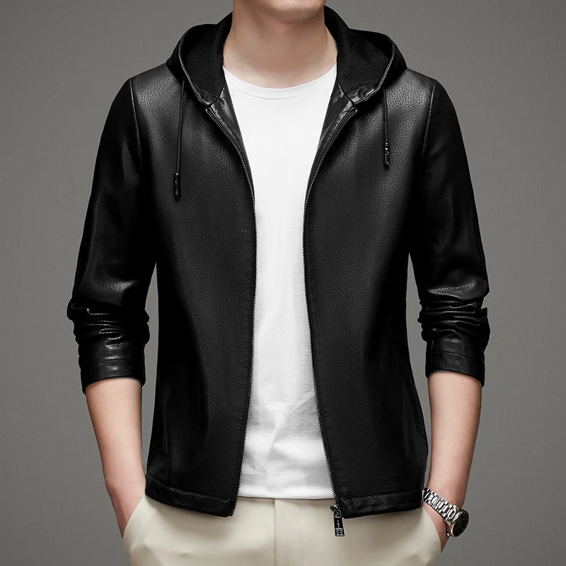 leather Haining men's hooded Korean version of slim handsome short leather jacket casual trend jacket