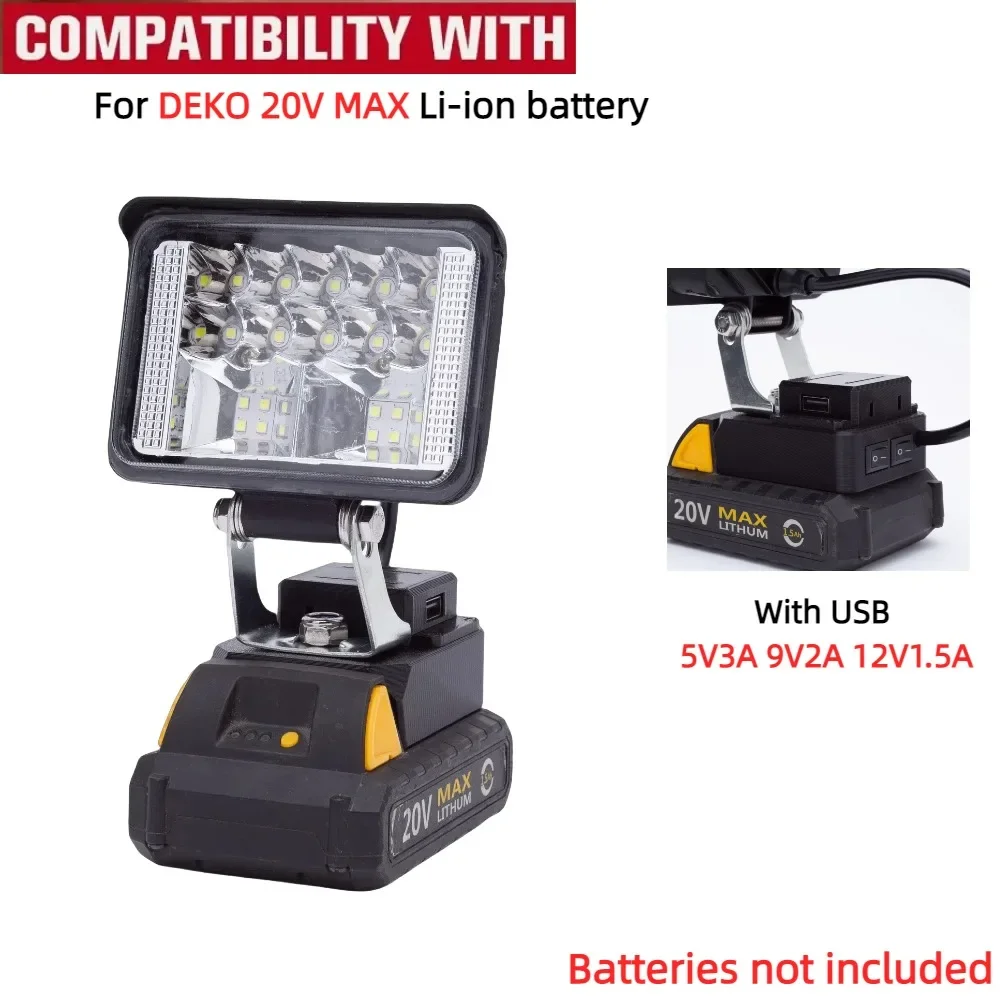 

Cordless LED Work Light for DEKO 20V MAX Battery Powered Portable Outdoor Camp Light with USB 5V3A 9V2A 12V1.5A (No Battery)