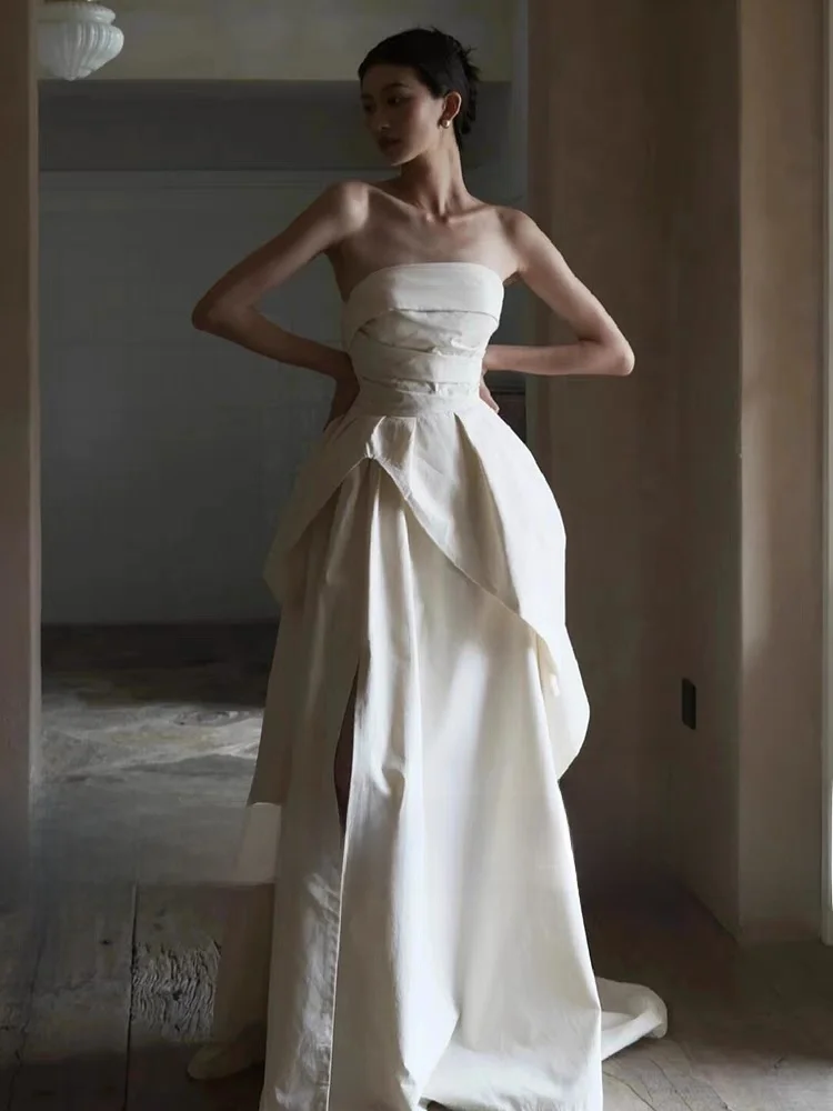 

Простое элегантное свадебное платье с шлейфом для помолвки и свадьбы, длинное платье с завышенной талией и бретелями, китайское свадебное платье