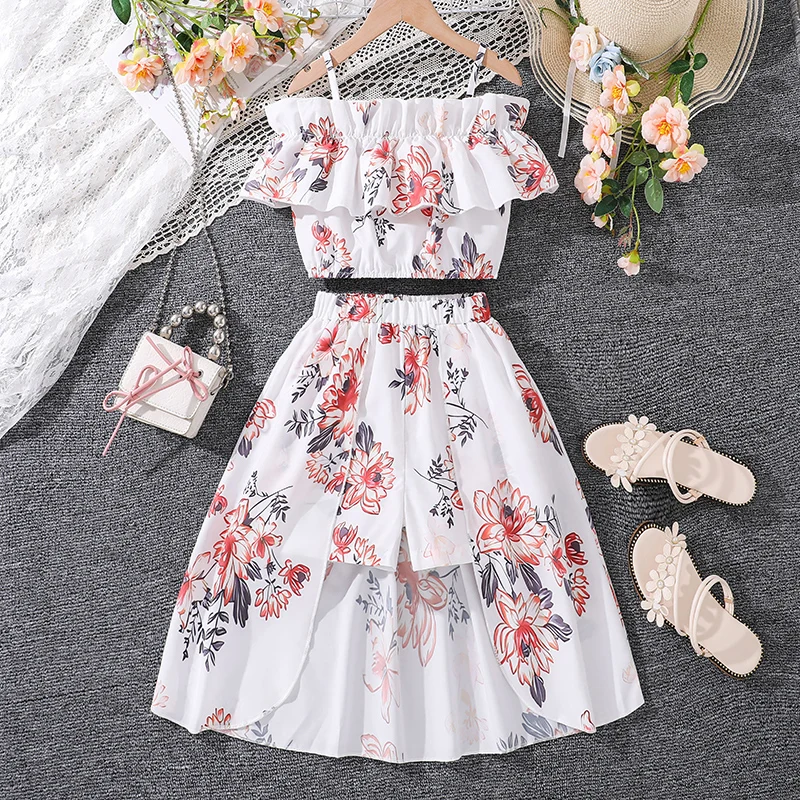 

Kids Clothes Sets Girls White Printed Halter Boat Neck Top & Skirt New Design Resort Style Beach Dress For 8-12 Ys Children