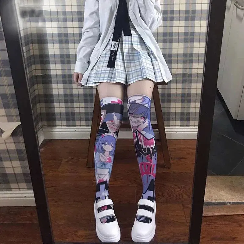 Japanese Cartoon Lolita Sweet Velvet Printed Kawaii Stockings Women Cute Stockings White High Over Knee Socks Cosplay for Anime