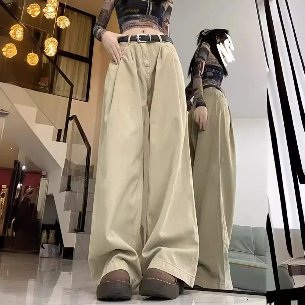 PopPopAmerican Białe Jeansy Damskie Letnie Nowe Z Wysokim Stanem Luźne Szerokie Nogawki Wyszczuplające Proste Spodnie do Samej Ziemi