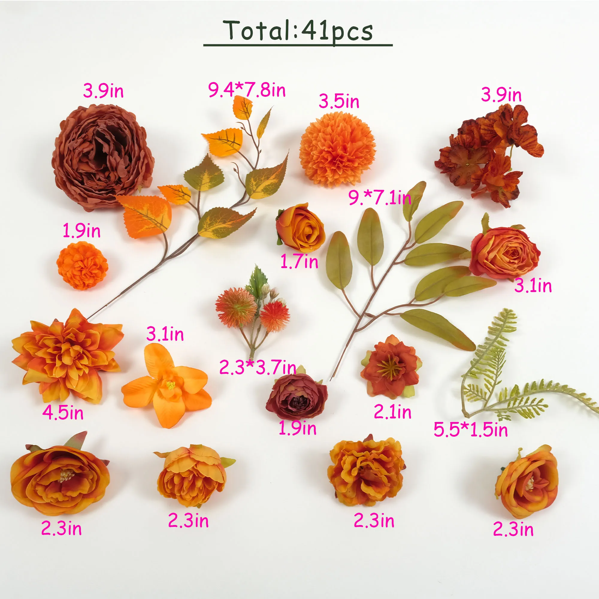 33PCS Mix Orange Artificial Flower Head Greenery Combo For DIY Crafts Bouquets Flower Arrangement Flower Wall Decor Fake Flowe