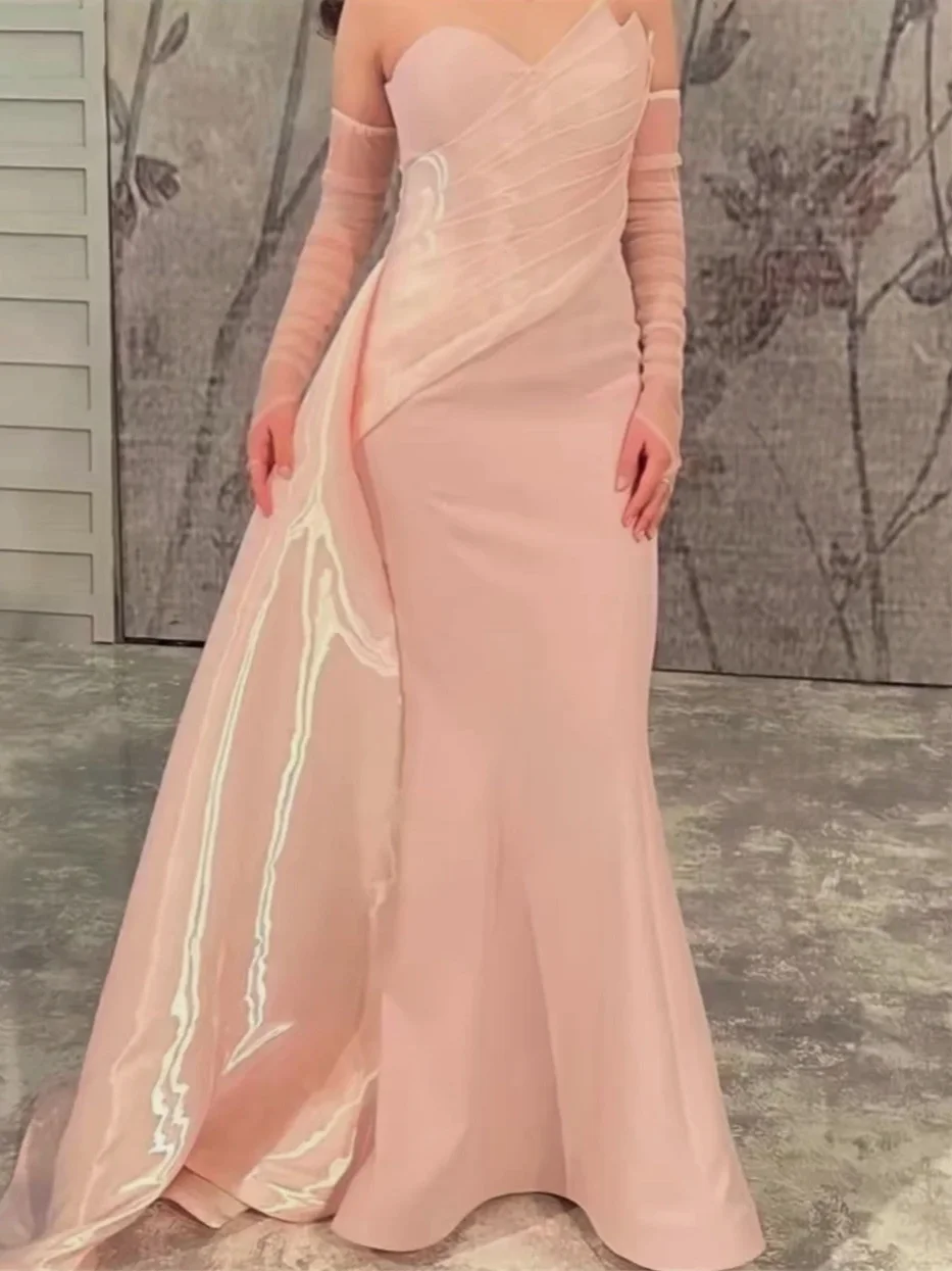 Galajurken Elegante Lieverd Strapless Zeemeermin Feestjurk Vloerlengte Van De Schouder Satijnen Avondjurken Met Ruches