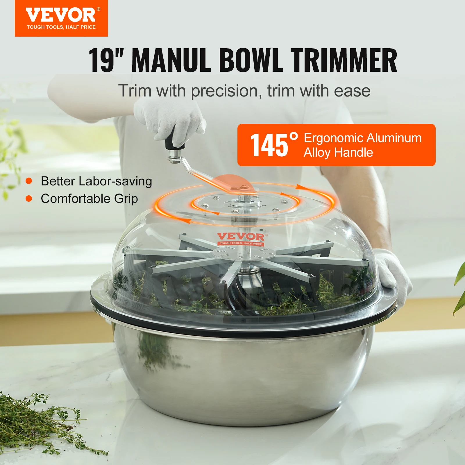 VEVOR Leaf Bowl Trimmer,19'' Trimmer Bowl,Manual Bud Trimmer w/Stainless-Steel Blades for Twisted Spin Cut,Clear Visibility Dome