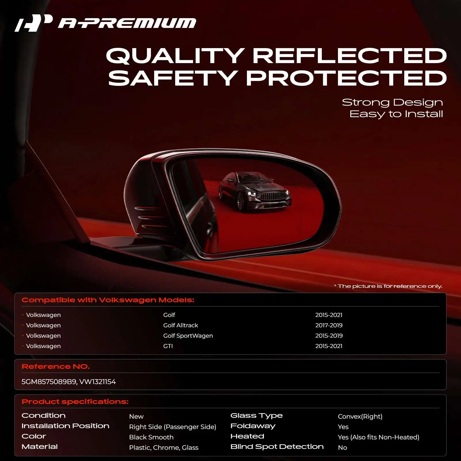 A-Premium Passenger Side Power Door Mirror for Volkswagen Golf GTI 2015-2021 Golf Alltrack 2017-2019 Golf SportWagen 2015-2019