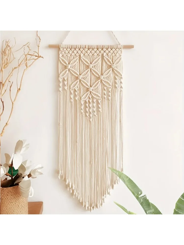 Polyester-Baumwoll-Makramee-Wandbehang mit Fransen, Kleeblatt-Diamantgitter-Muster für Boho-Heimdekoration, modische Raumdekoration