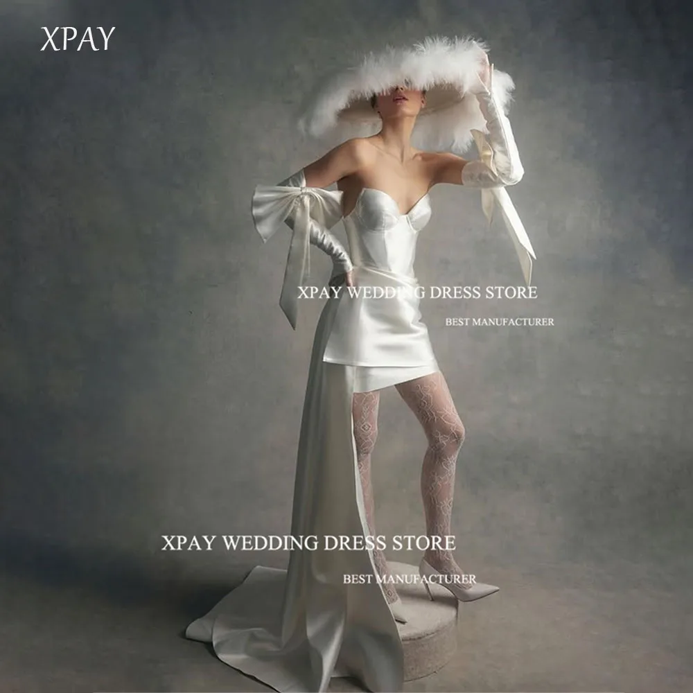 

XPAY Sexy Ivory Bow Half-Sleeve Wedding Party Dresses Satin Bride Gowns Formal Dress Mini-Length Customized Vestidos De Novia