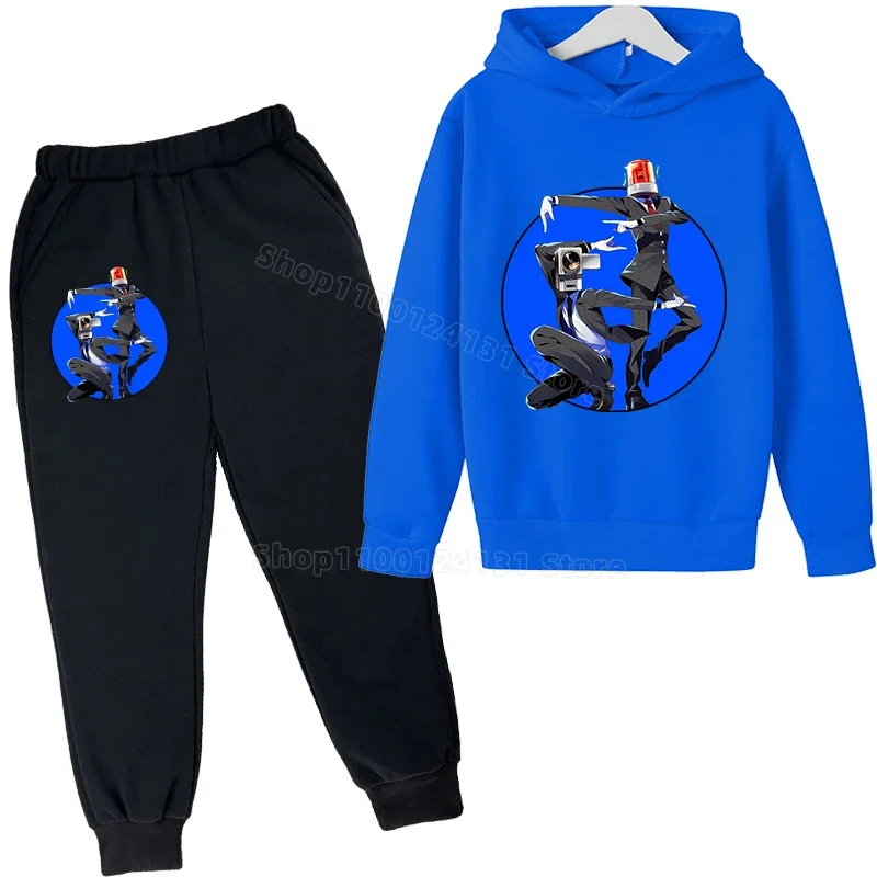 2pcs Skibidi Toilet Sweatshirt Suit for Children Plush Hoodies+pants Trendy Print Hoodie Sweatpants Boys Anime Clothes Set Gift