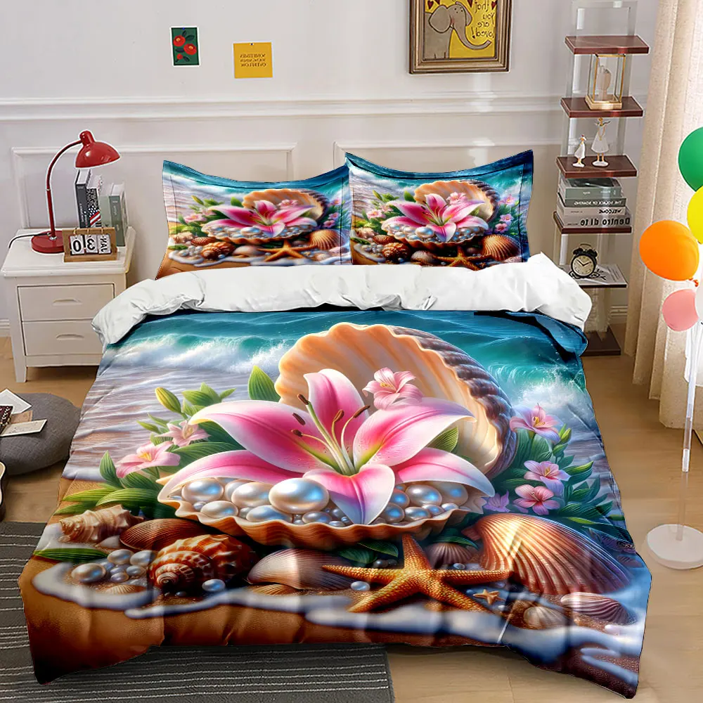 Shells, Pearls and Beach Flowers Printed Duvet Cover Set1 Duvet Cover+2 PillowcaseMulti Size Bedroom Bedding Decor Luxury gifts