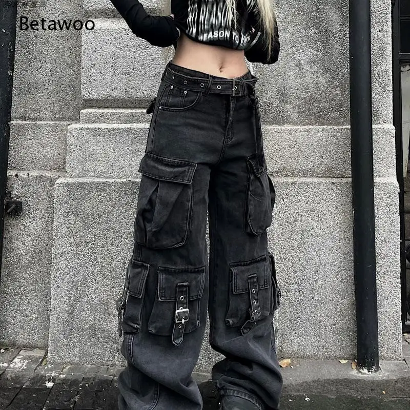 Ladies Dark Faded Cargo Pants Mid Rise Adjustable Waist Belt Metal Buckle Strap Multi Pockets Baggy Wide Leg Jeans