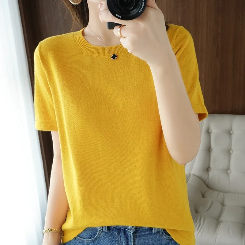 

Cotton Summer New T-Shirt Women's Round Neck Pullover Short Sleeve Slim Fitting Fashion Knitting Casual Pure Color Soft Top Z138