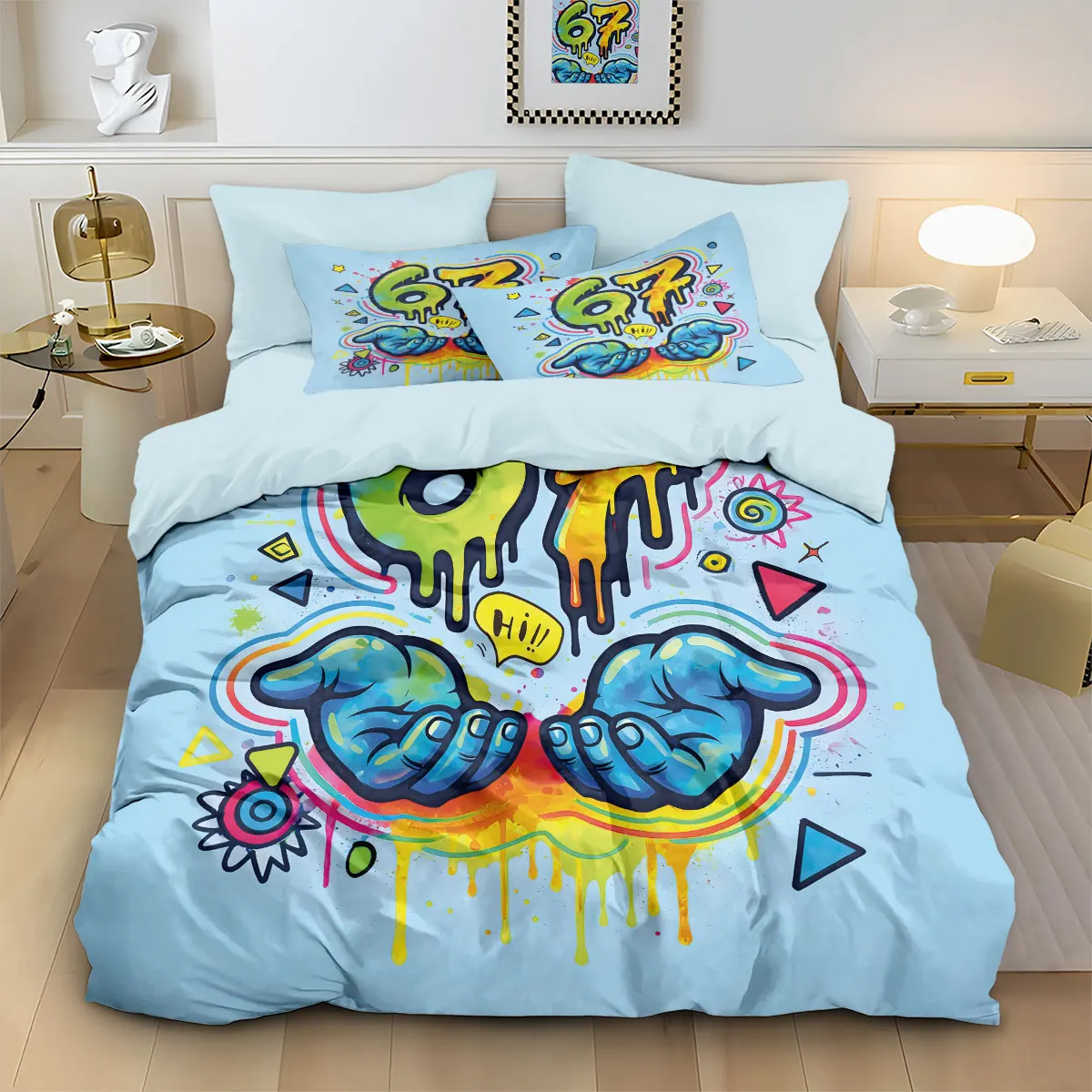 3pcs Graffiti Style Game Controller 67 Element Printed Coreless Down Duvet Cover Set, Multi Size Bedroom Bedding Decoration view 3