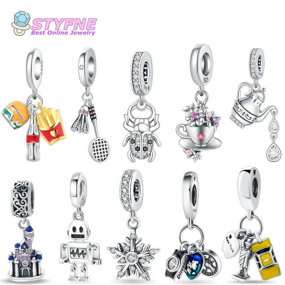 925 Sterling Silver Fries Burger Pendant - Travel Hobbies Ornament Beads Charms fit Bracelets and Necklaces Dangle Pendants