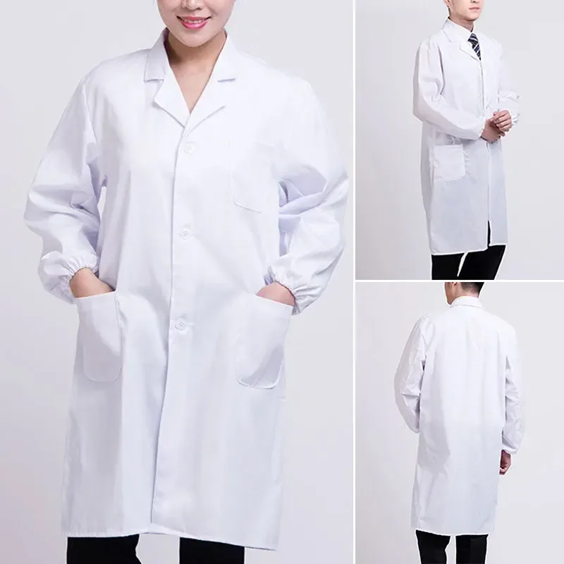 Blouse de laboratoire blanche à manches longues unisexe, col à revers cranté, tunique d'infirmière médicale boutonnée, uniforme de médecin, chemisier unisexe