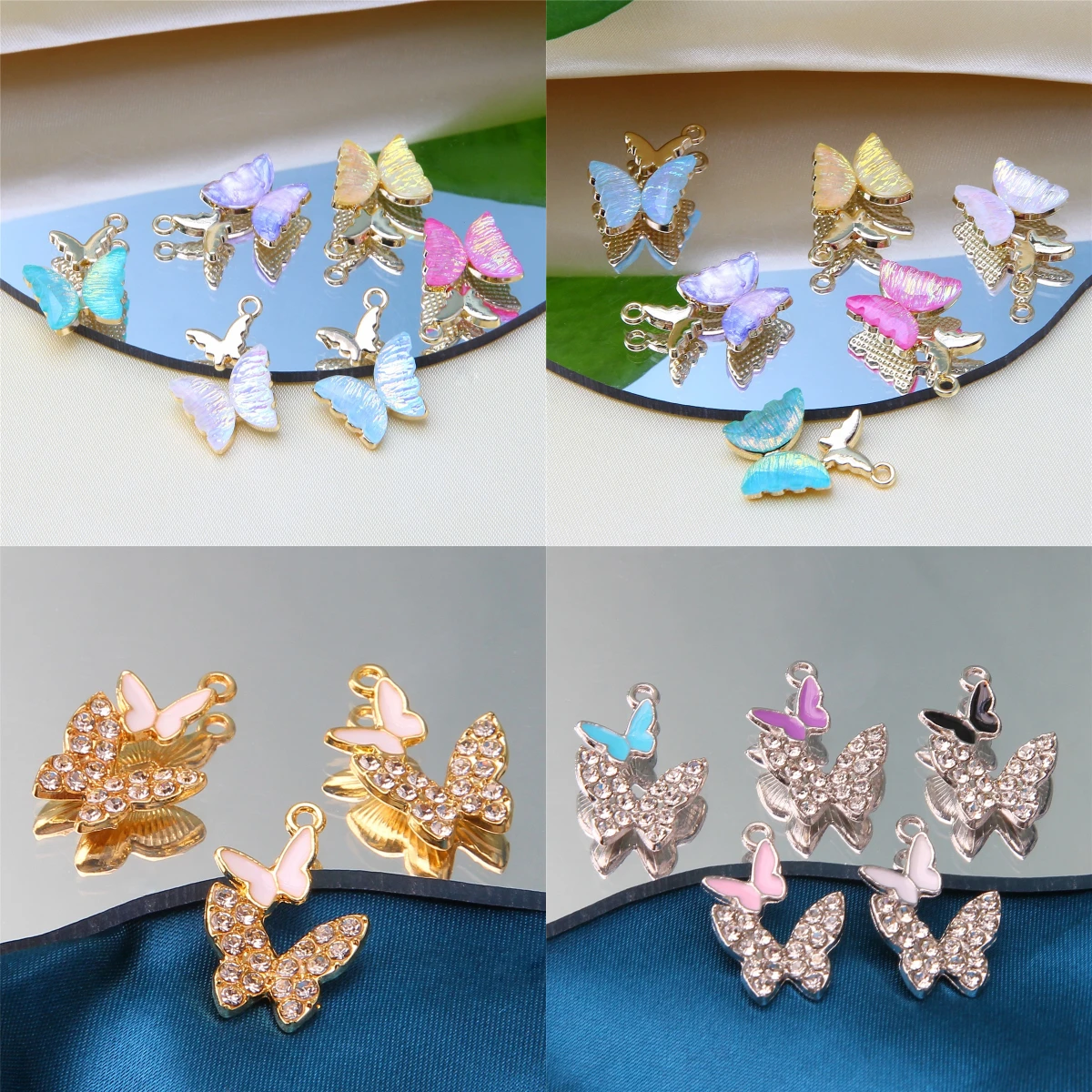 10pcs Fine Rhinestone Double Butterfly Alloy Charms DIY Trendy Design Necklace Bracelet Hair Decoration Making Accessories