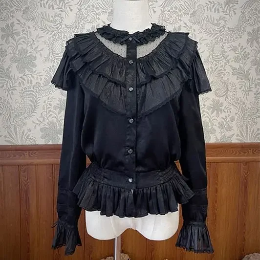 

Colafell Lolita Long Sleeved Shirt with Lolita Teddy Bear Stand Up Collar and V-shaped Ruffle Edge Woven Yarn Long Sleeved Shirt