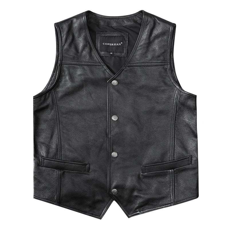 

Casual Black Men Cow Leather Vest V-Neck Slim Genuine Leather Vests Mens Cowhide Waistcoat