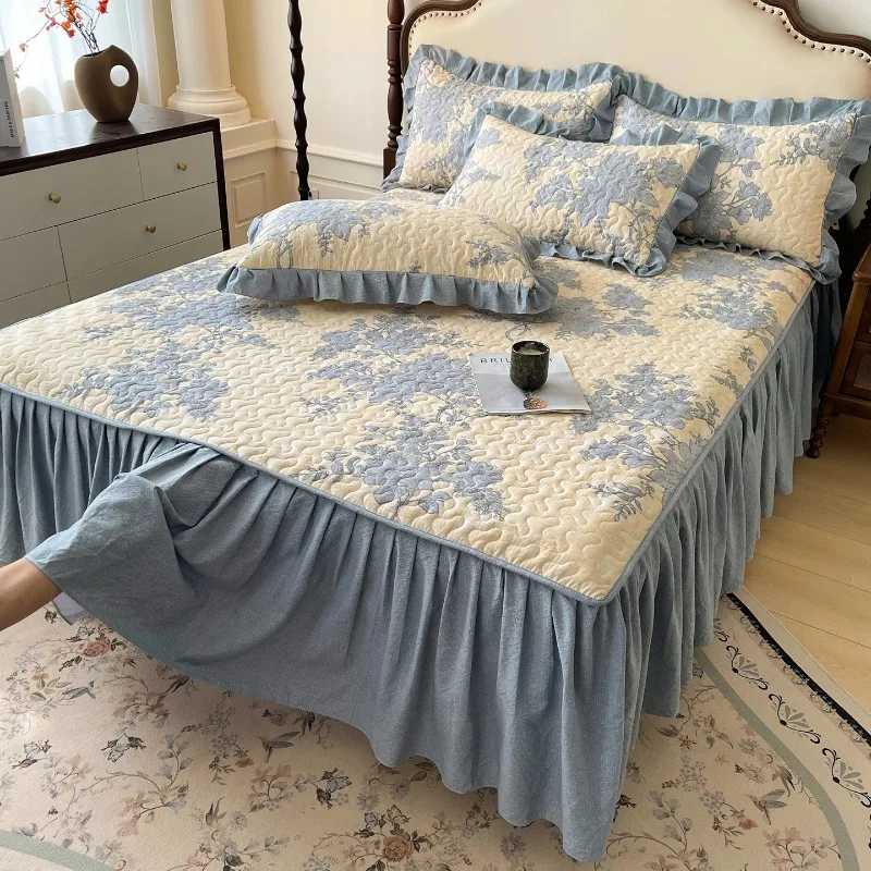 Bonenjoy 1pc Soft Bed Skirt Thicken Bedspread Ruffles Bed Cover Plant Print Bed Linen for Home falda de cama (No Pillowcase)