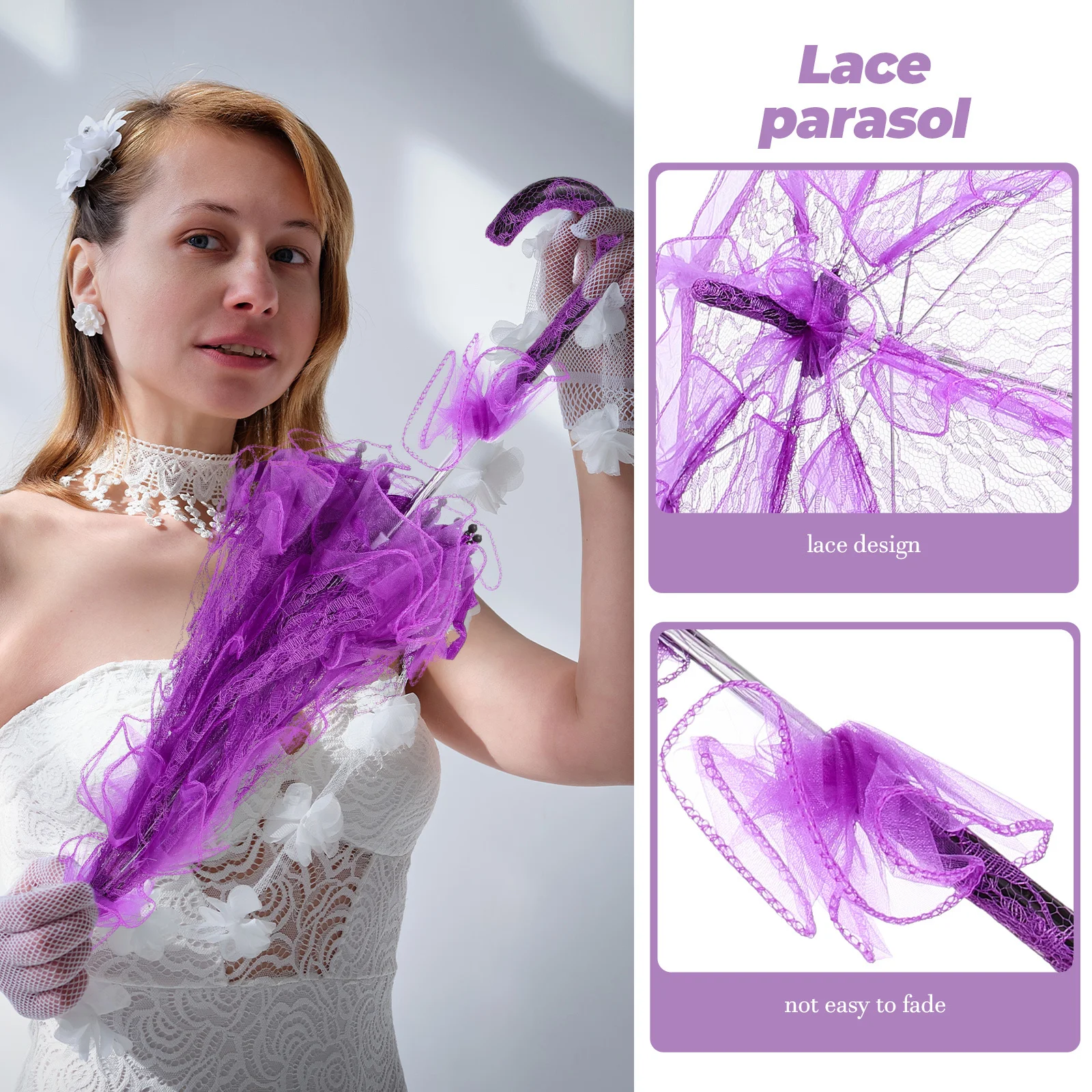 

Wedding Lace Umbrella Bridal Parasol Tear-Resistant Durable Lace Embroidery Parasol for Bride Flower Girl Party