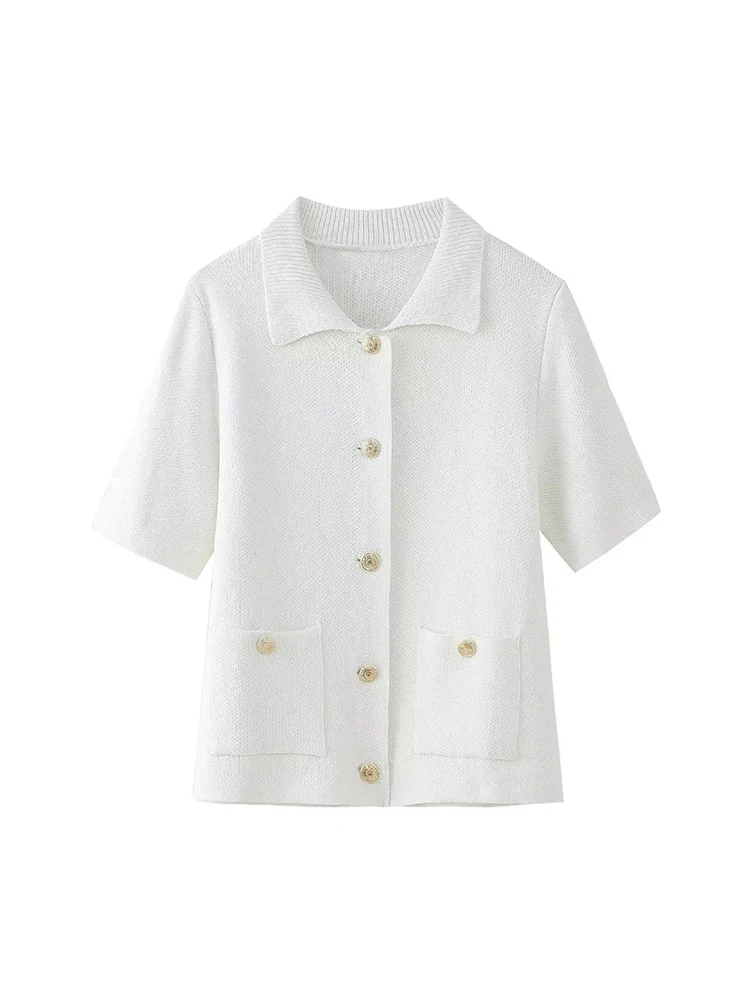 Chic Lady Fashion Gold Color Buttons Summer Knitted Elastic White Shirts Women Single Breasted Straight Casual Short Sweaters