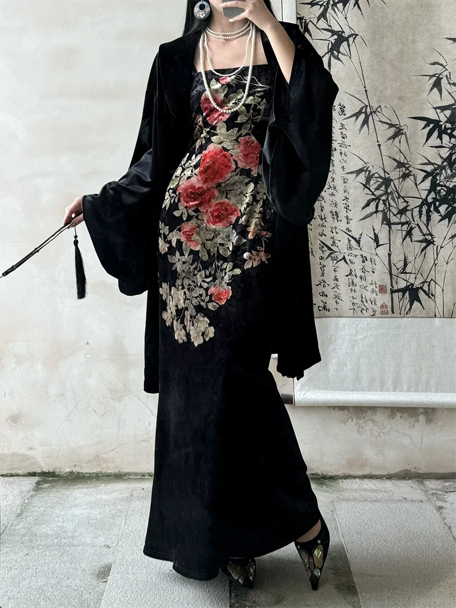 

an Meng New Chinese Sle Velvet Coat Autumn Winter Old Money Sle Dr Long Sve round Ne Fi Tail Skirt