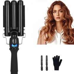 3 barril curling ferro varinha elétrica profissional cerâmica modelador de cabelo rolo ondas praia com display lcd temperatura ferramentas estilo