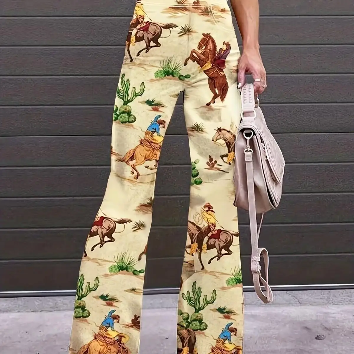 Western Denim Print Micro Flared Pants Casual Style Natural Waist Other Fabric 100% for Middle-Aged Women Patchwork