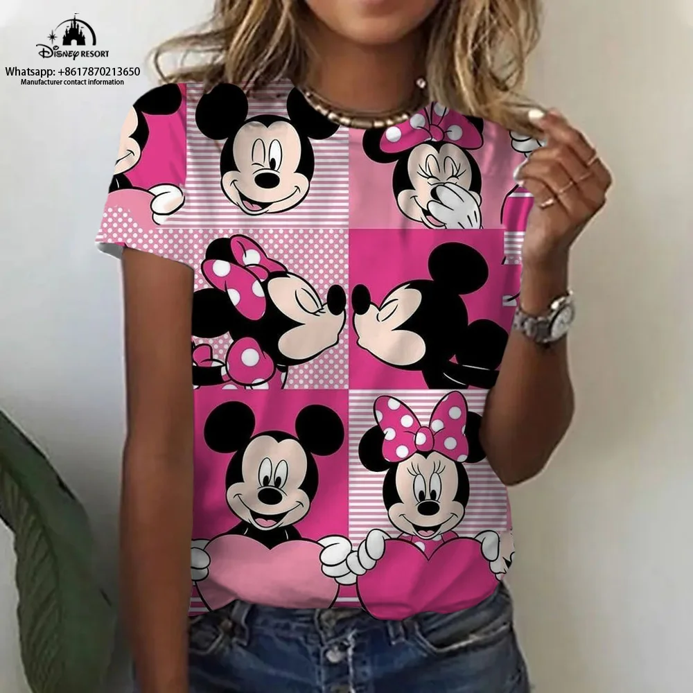 Camiseta cómoda de manga corta para mujer, camiseta de dibujos animados de Mickey y Minnie, camiseta informal de moda de verano 2024