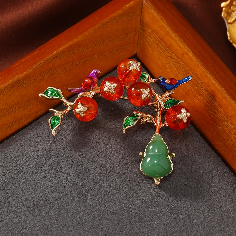 Morkopela Cute Fruit Brooch Red Persimmon Green Gourd Pins For Women Chinese Style Vintage Jewelry Women Girl Accessories