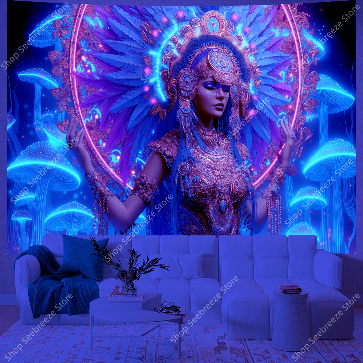 Mystic Dancer Blue Gold UV Tapestry with Glowing Mushrooms Boho Wall Art for Meditation Room Yoga Studio Spiritual Decor