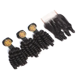 Funmi Curl Human Hair Pack Bouncy Curl Human Hair Bundles With Lace Closure Remy Bouncy Curly 4x4 Lace Closure With 3 Bundles