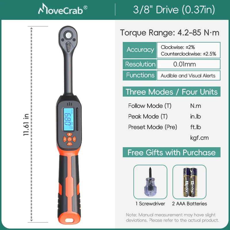 MOVECRAB Serie Digitale Momentsleutel 1,5-340N.m 2% Nauwkeurigheid Voorgeprogrammeerde Waarden met Zoemer, LED-flits & Trillingsmelding op de handgreep