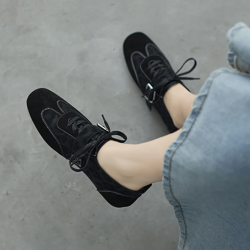 ليوبارد ماري جينس المرأة جلد العجل جولة تو الدانتيل يصل عارضة الرجعية السيدات حذاء مسطح اليدوية #5