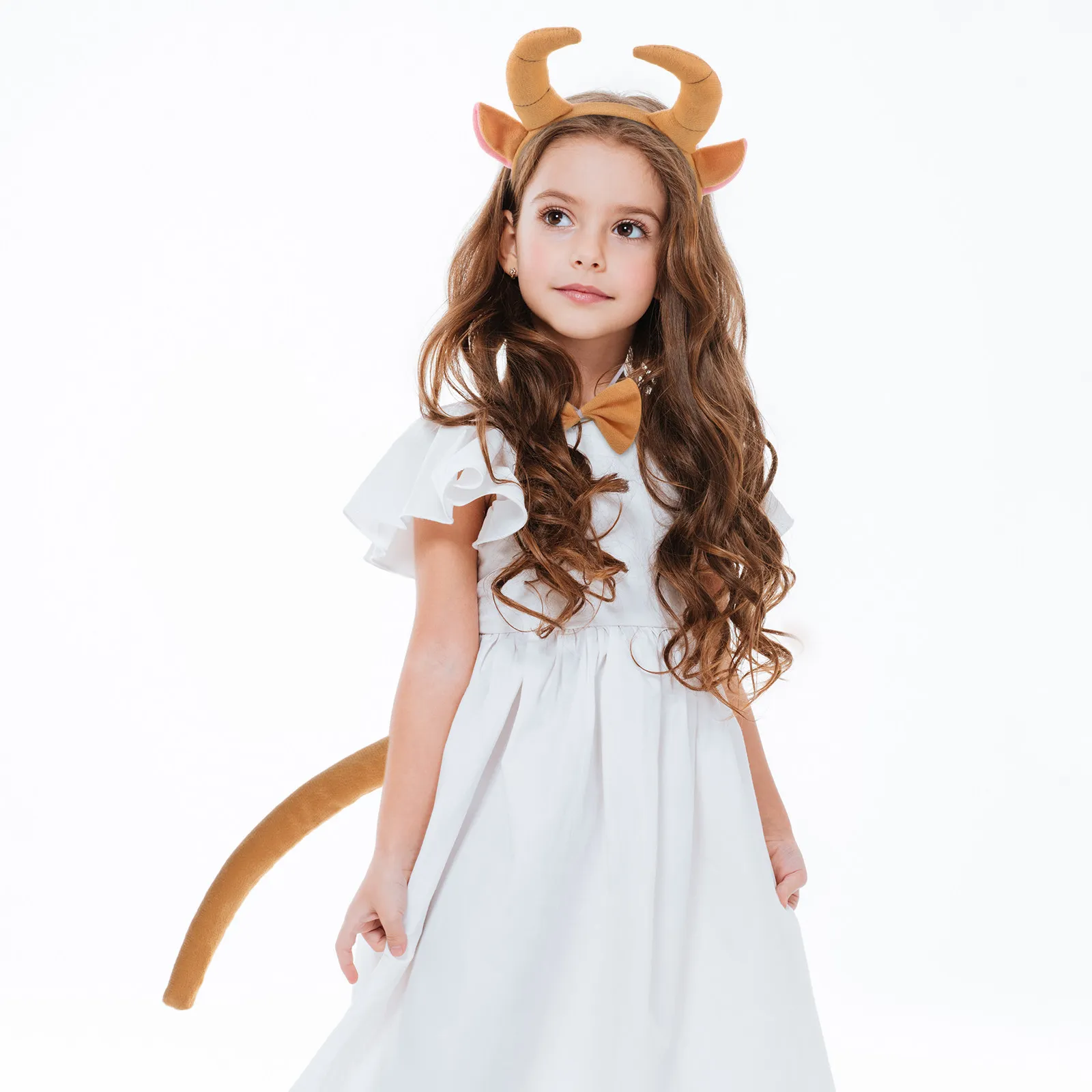 

3 Pieces Kids Stage Performance Cattle Costume Set Yellow Cow Horn Headband Bow Tie Tail Animal Costume Accessories Halloween