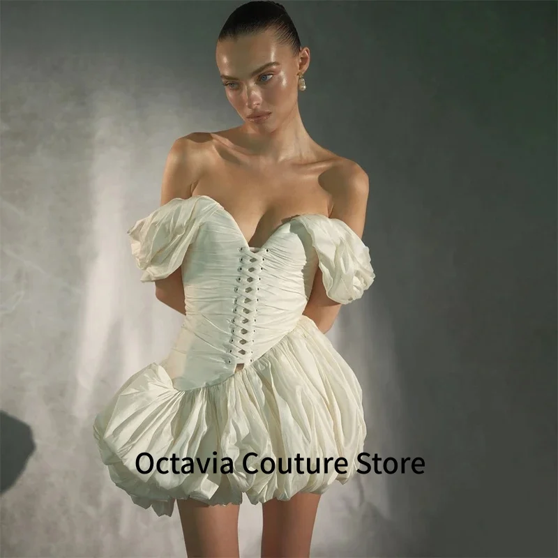 

Sexy Short Cocktail Party Gowns Off Shoulder Pleats Puffy Prom Dress Backless Satin Ball Dresses Customized