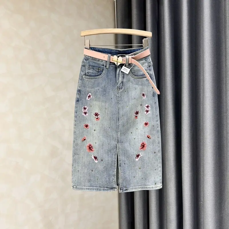 

Floral Embroidery High Waist A-Line Midi Skirt Women's Slim Fit Summer New Sle Denim Split f-length Bodycon Skirt