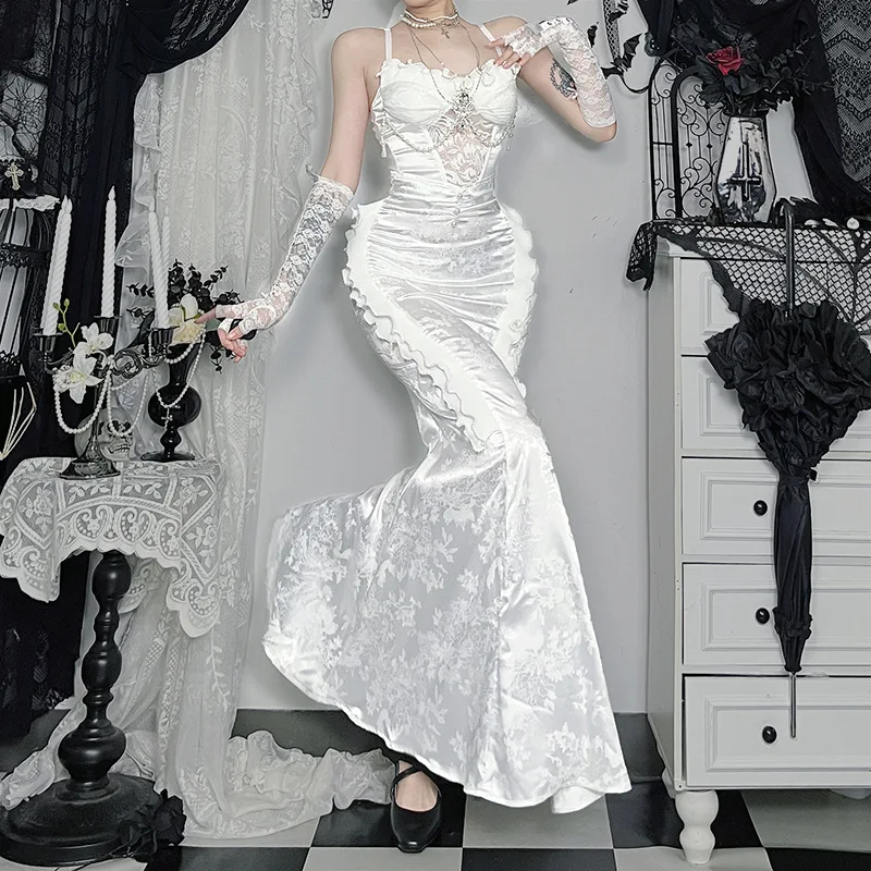 2026 New Women's Dark Gothic Lolita Mermaid Skirt Pearl Decor High Waist Hip Wrapped Fishtail Long Skirt For Party Streetwear