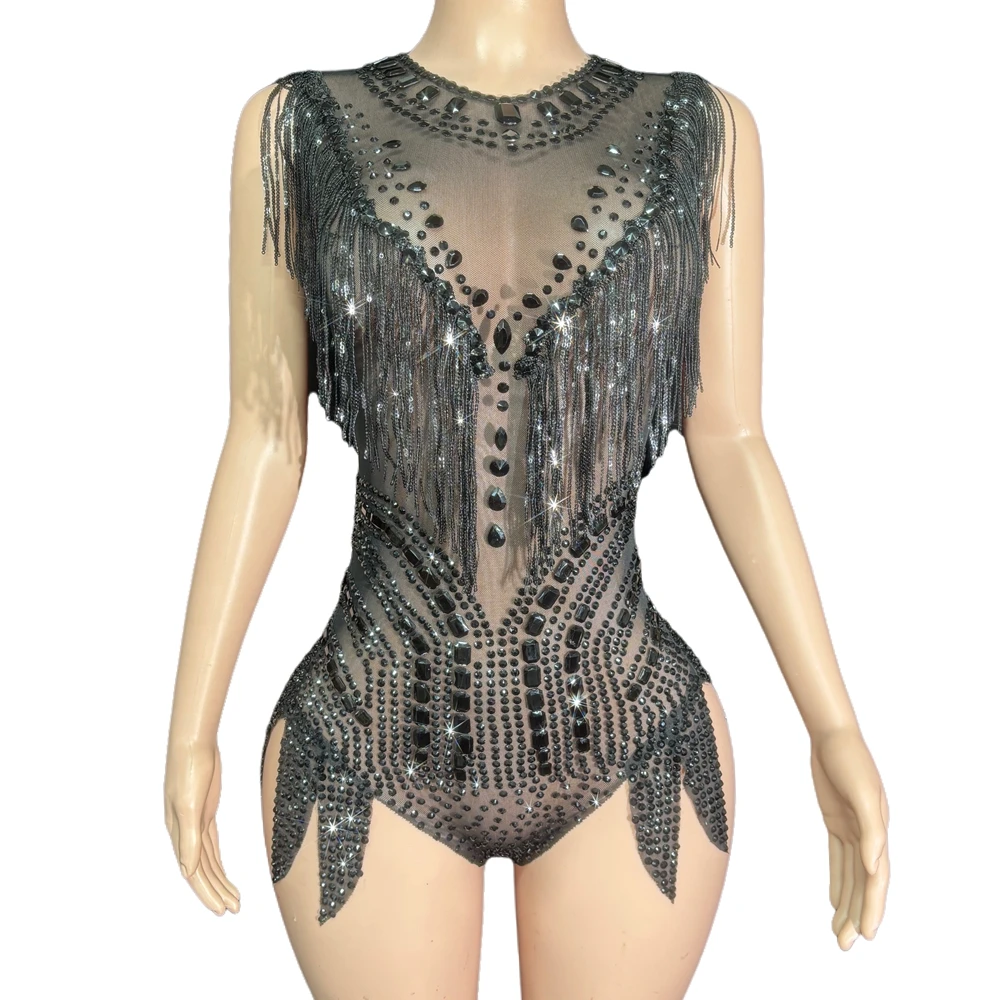 Sparkly Rhinestones Bodysuit for Women Sexy Mesh See Through Performance Dance Costume Singer Dancer Show Stage Wear