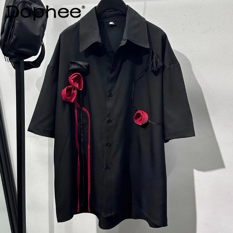

High-end Three-dimensional Rose Design Short-sleeve Shirts Men's 2025 Summer New Niche Chic Tops Male Loose Comfort Trendy Shirt