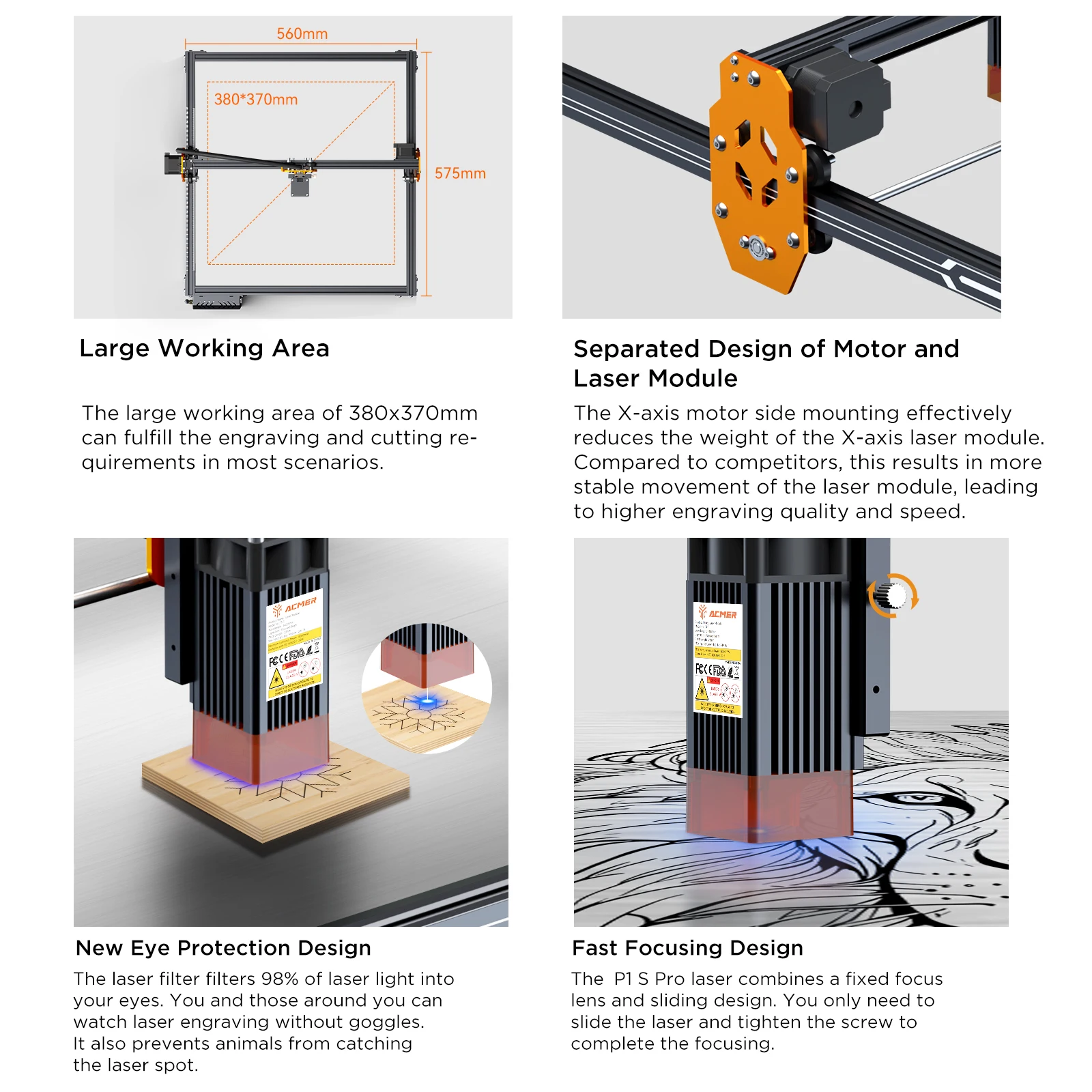 ACMER P1 S Pro laser engraving machine, 0.01 fixed focus engraving accuracy, 6W laser power, Z-axis engraving speed 10000mm/min