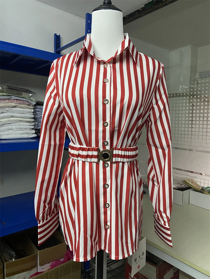 FANIECES Red Striped Women Shirt Brooch Spring Long Sleeve Lapel Polo Blouses With Belt Elegant Office Ladies Shirt Tops рубашка