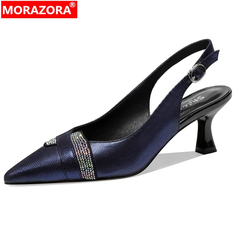 

MORAZORA 2024 New Fashion Ladies Back Strap Slingbacks Shoes Genuine Leather Buckle Sandals Woman Thin High Heels Shoes