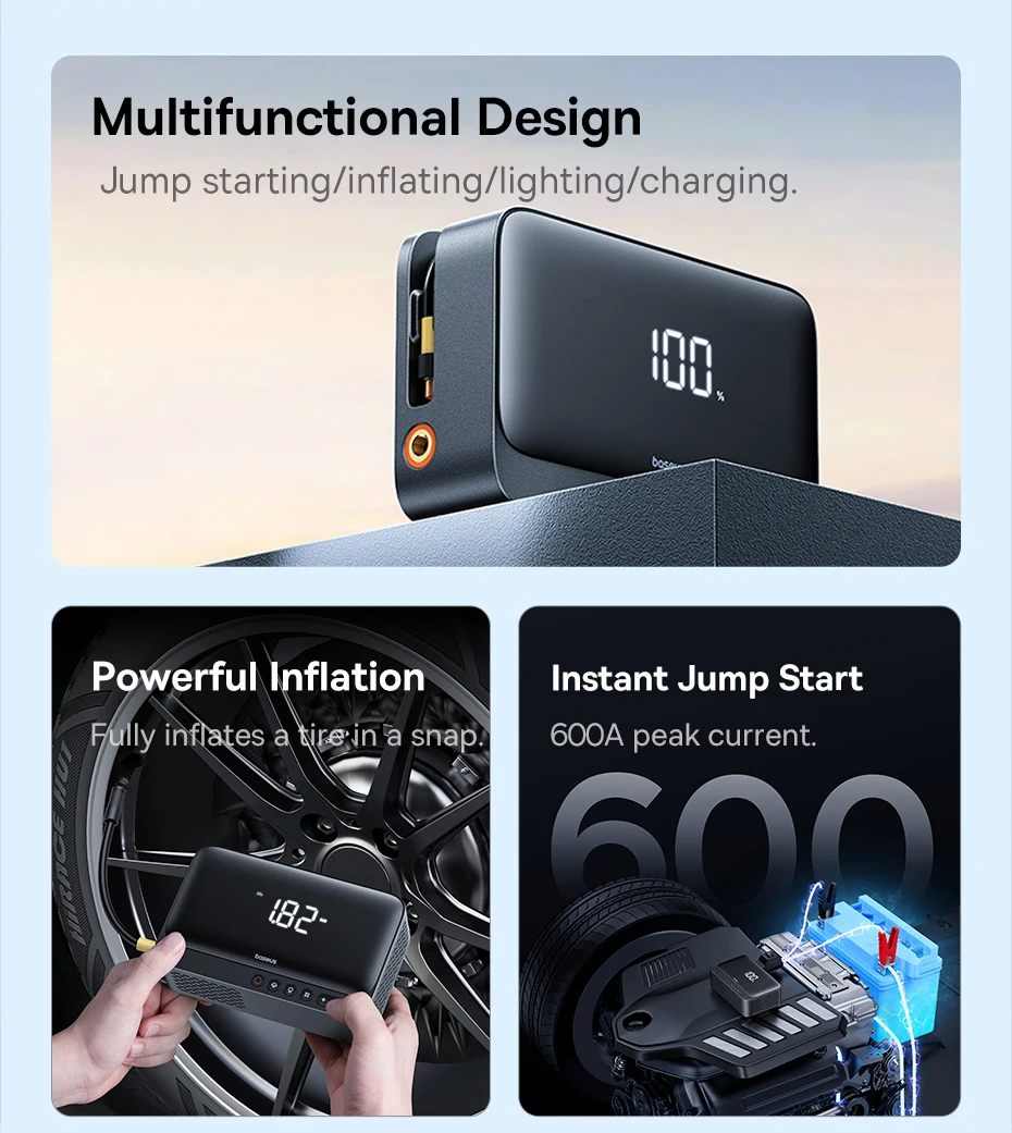 Baseus 4-in-1 Starthilfegerät 600A, Auto-Starthilfe, Powerbank, Multifunktions-Luftpumpe für Autobatterie, Reifenfüller – Detail 2