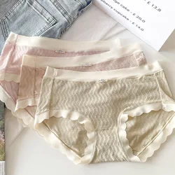 Women's Cotton Panties Sexy Lace Underpants Woman Solid Color Comfort Briefs Mid Waist Bow Panty Female Lingerie One Size